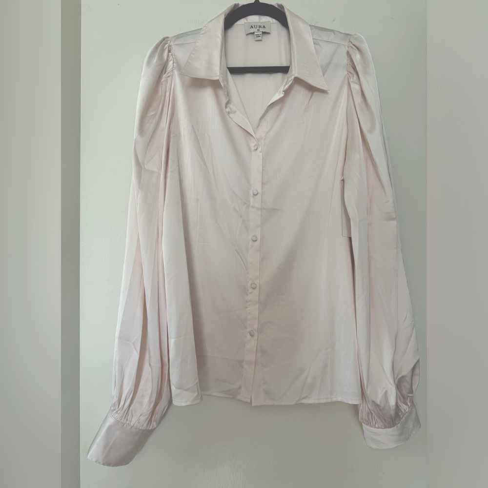 Button down blouse by Aura from Red Dress Boutique. Champagne light pink color.